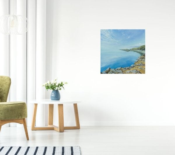 Title: Still Morning by Anna Petrova – 24x24 inch oil on canvas depicting a tranquil seascape with rocky cliffs, gentle rippling water, and a pale morning sky.