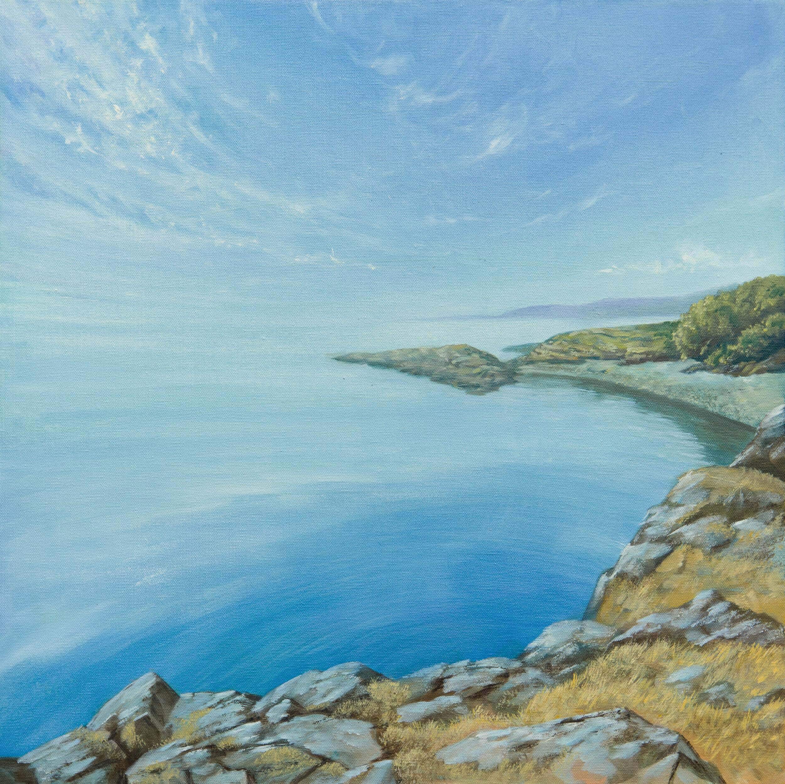 Title: Still Morning by Anna Petrova – 24x24 inch oil on canvas depicting a tranquil seascape with rocky cliffs, gentle rippling water, and a pale morning sky.