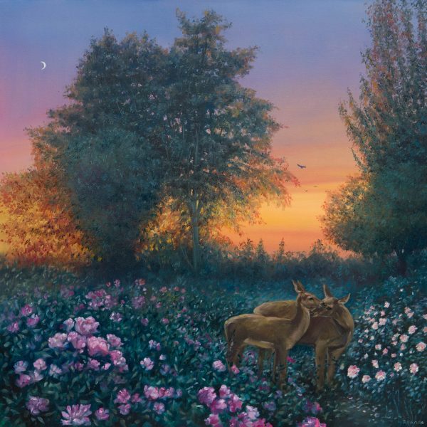 Title: Dearness by Anna Petrova – 36x36 inch oil on canvas depicting two deer standing tenderly in a rose-filled meadow at sunset, under a crescent moon and warm twilight sky.