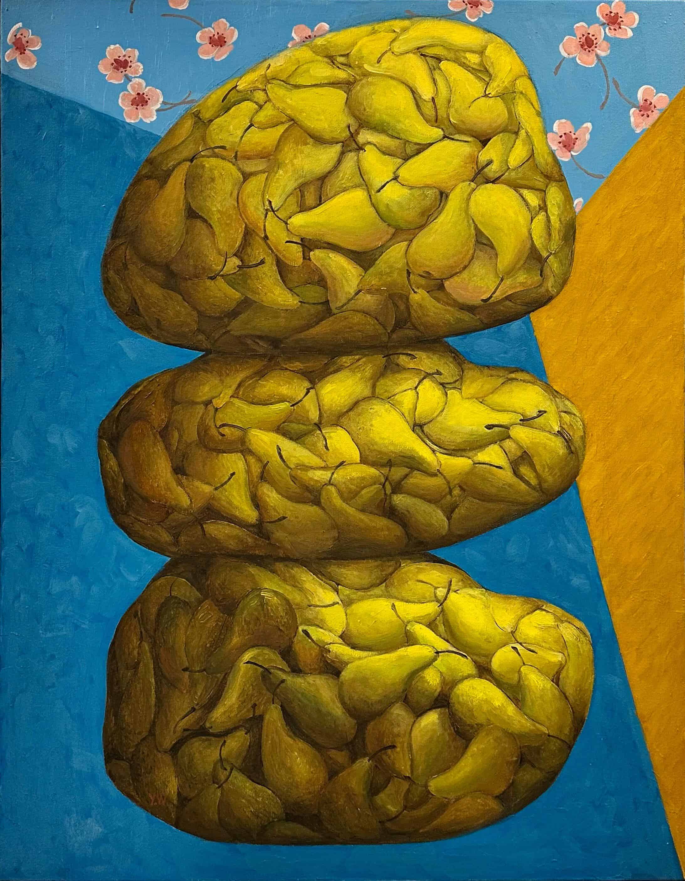 Contemporary Art. Title: Pear & Stone, Oil on Canvas, 30 x 23 inches by Canadian artist Wu Yang.
