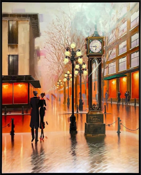 Contemporary Art. Title: Steam Clock Reflection, Oil on Canvas, 60 x 48 in by Canadian Artist Kamiar Gajoum.