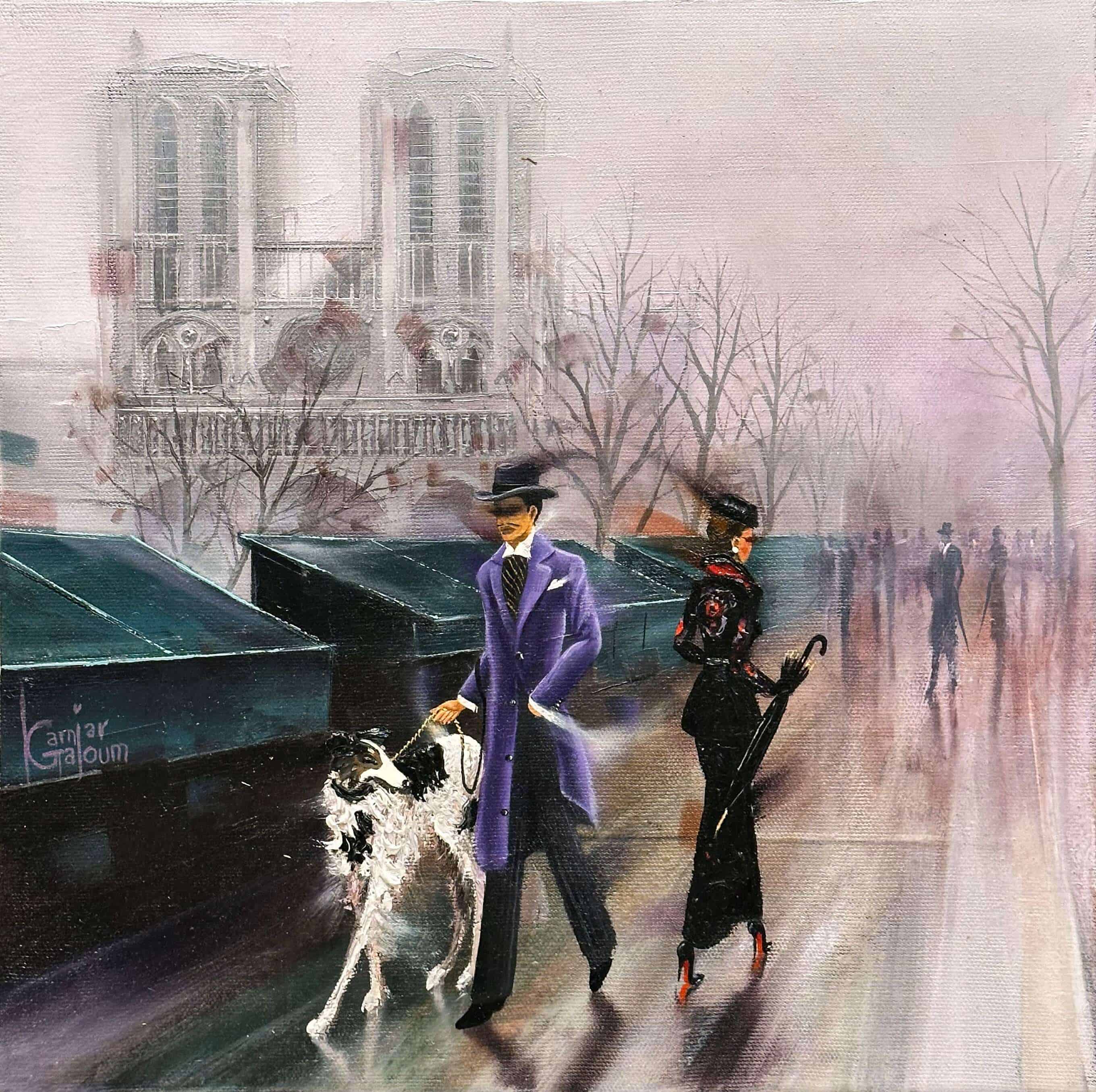 Contemporary Art. Title: Saint-Germain-des-Prés, Oil on Canvas, 12 x 12 in by Canadian Artist Kamiar Gajoum.