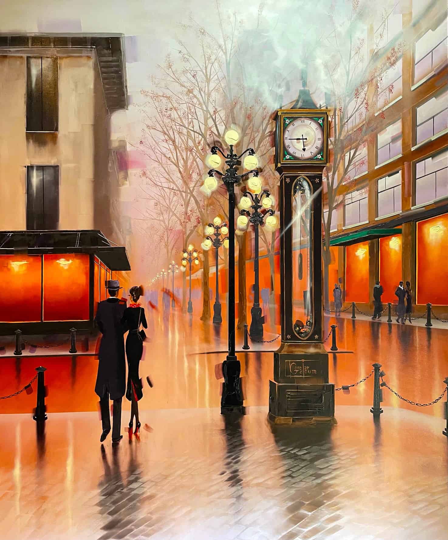 Contemporary Art. Title: Steam Clock Reflection, Oil on Canvas, 60 x 48 in by Canadian Artist Kamiar Gajoum.