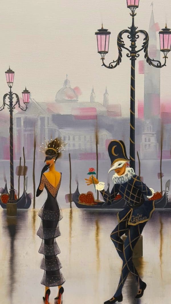 Contemporary Art. Title: Venice Carnival Experience, Oil on Canvas, 20 x 10 in by Canadian Artist Kamiar Gajoum.
