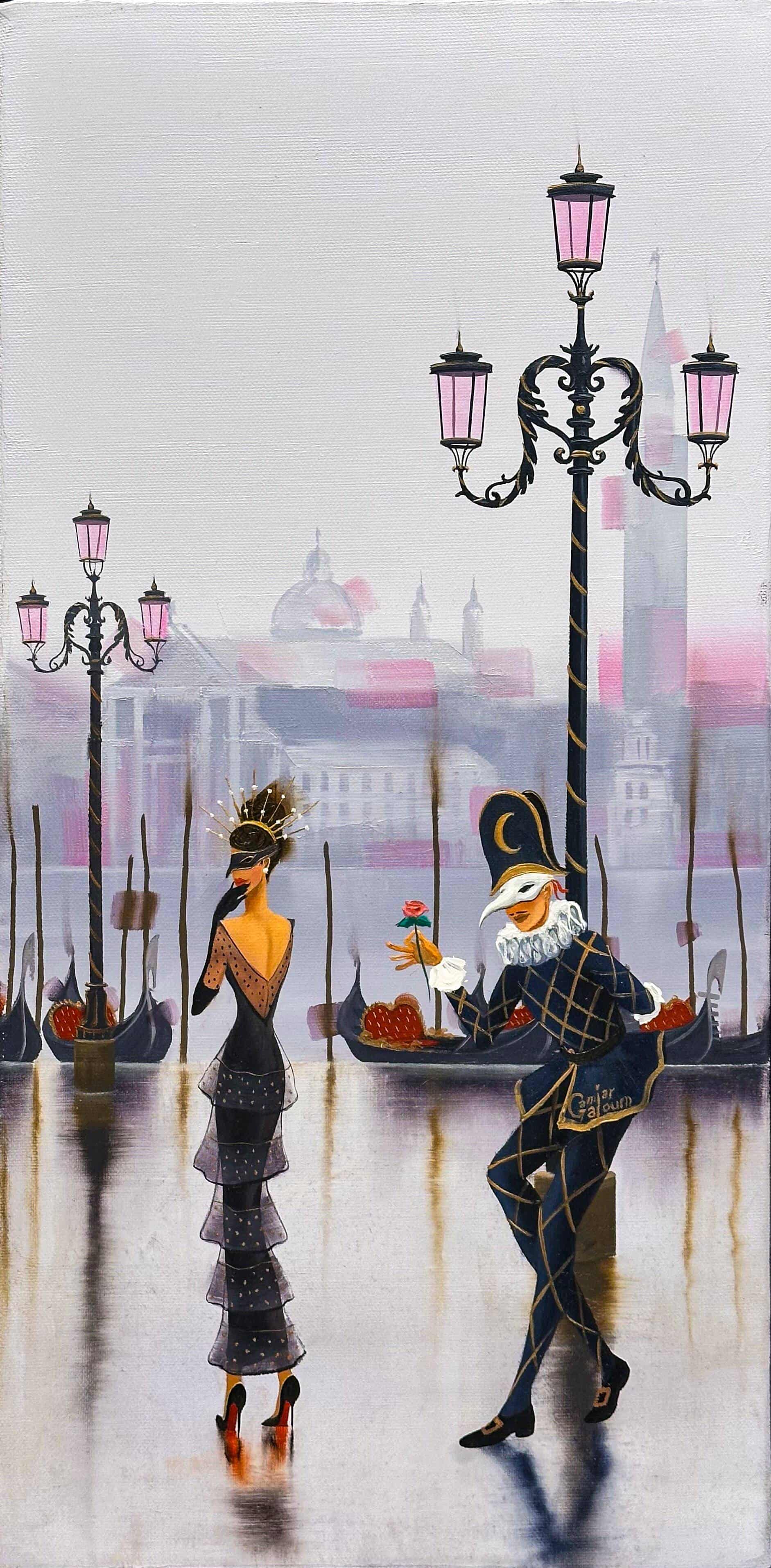 Contemporary Art. Title: Venice Carnival Experience, Oil on Canvas, 20 x 10 in by Canadian Artist Kamiar Gajoum.