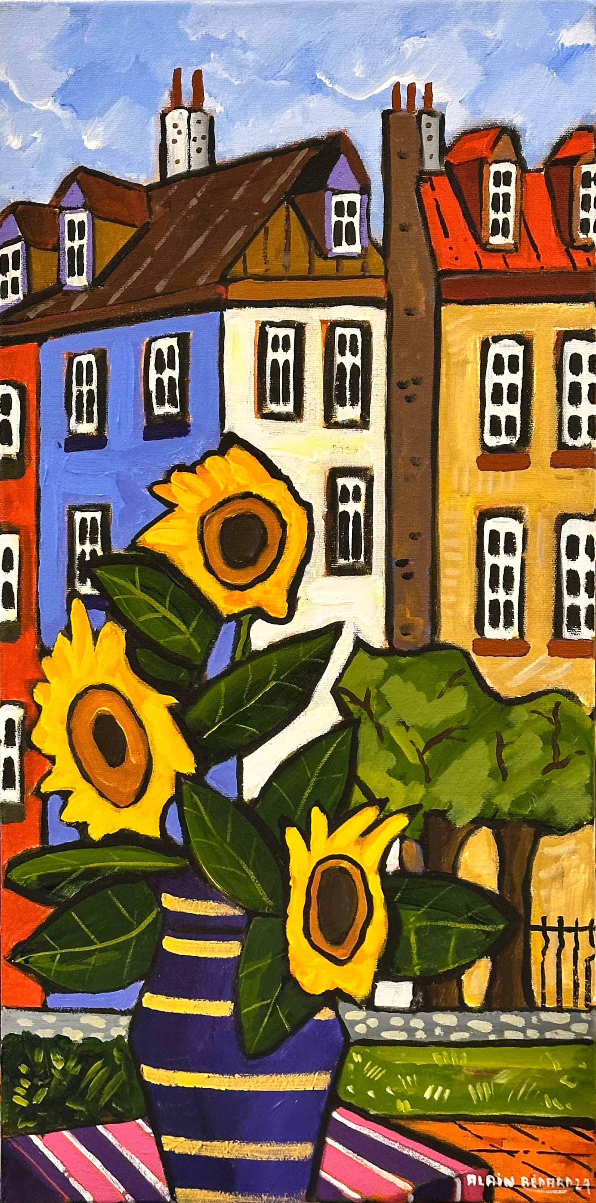 Contemporary Art. Title: Three Sunflowers, Acrylic on Canvas, 24 x 12 in by Canadian Artist Alain Bédard.