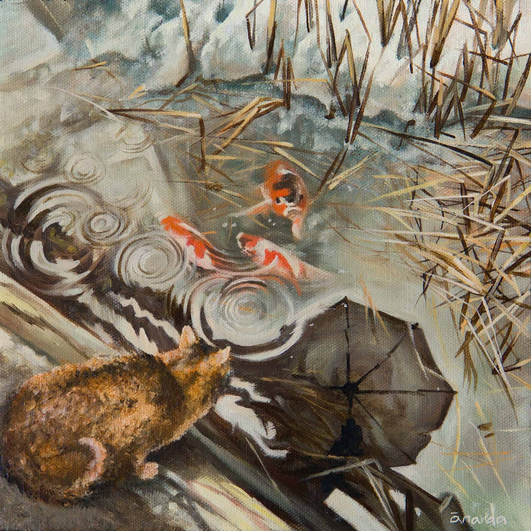 Title: Curiosity by Anna Petrova – 10x10 inch oil painting of a cat observing colorful koi fish beneath rippling water with reeds and reflections.