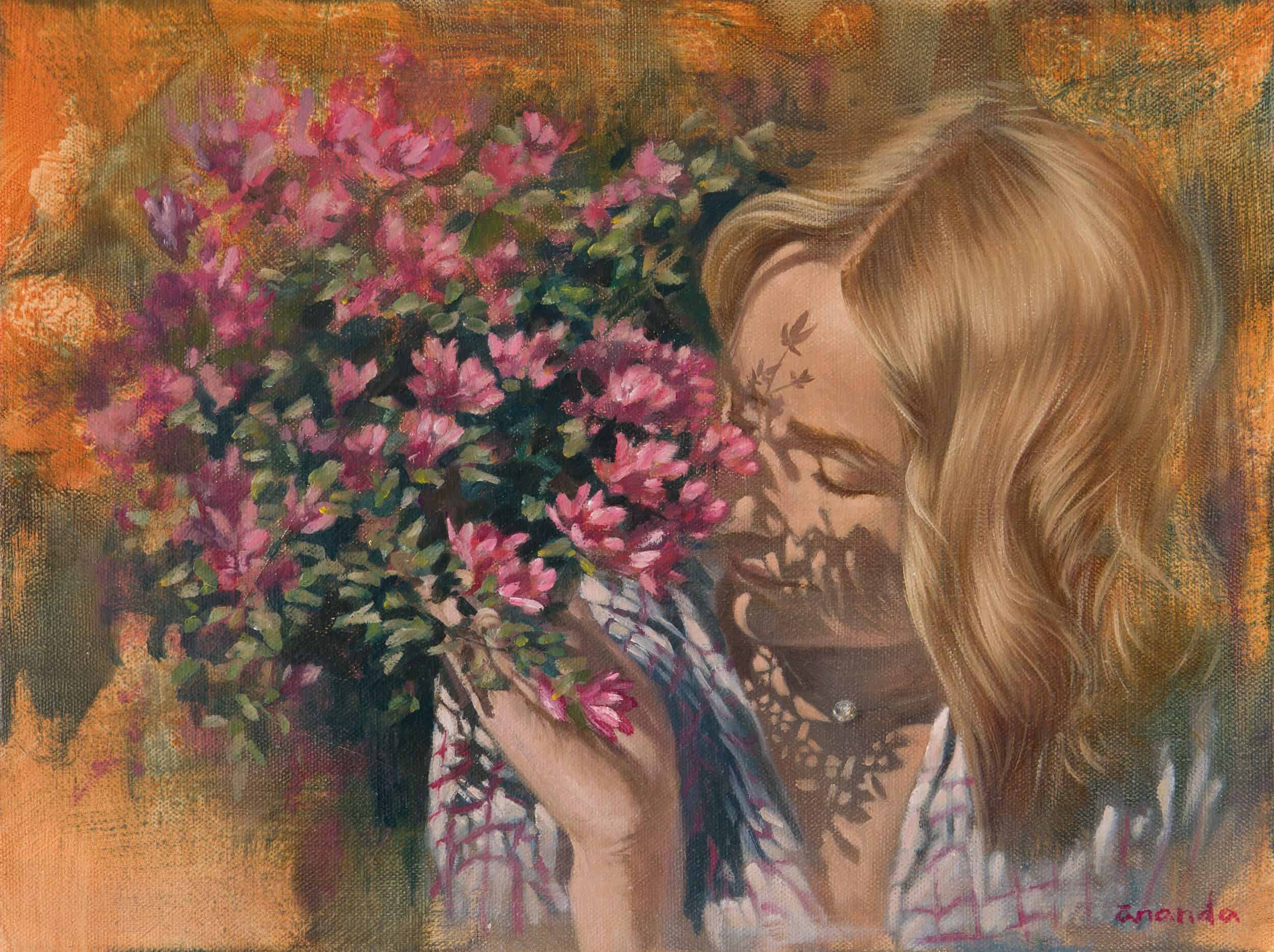 Title: Gratitude by Anna Petrova – 12x16 inch oil on canvas of a woman with golden hair smelling pink flowers, soft light and shadows falling across her face.