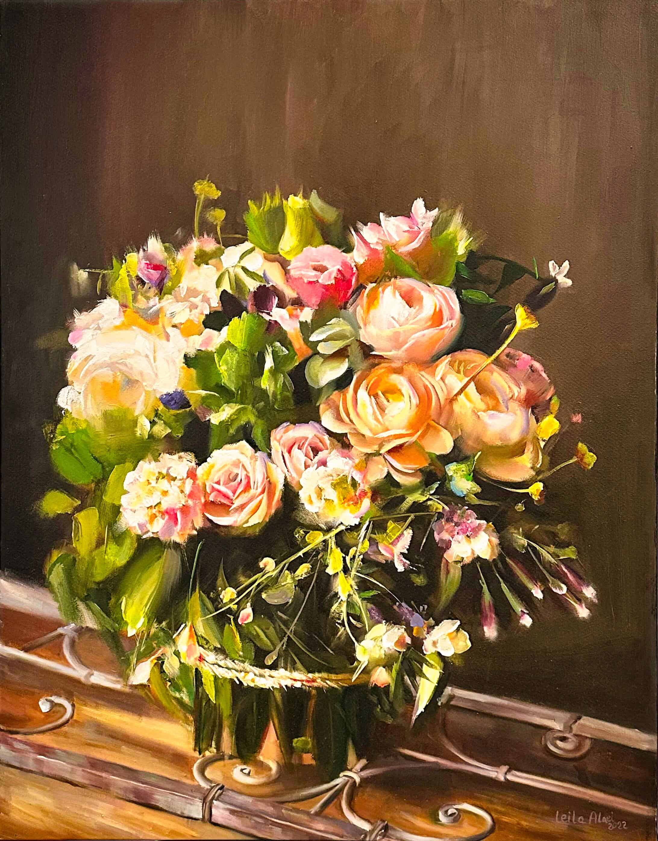 Contemporary Art. Title: Bunch of Flowers, Oil on Canvas, 35 x 27.5 in by Canadian Artist Leila Alaei.