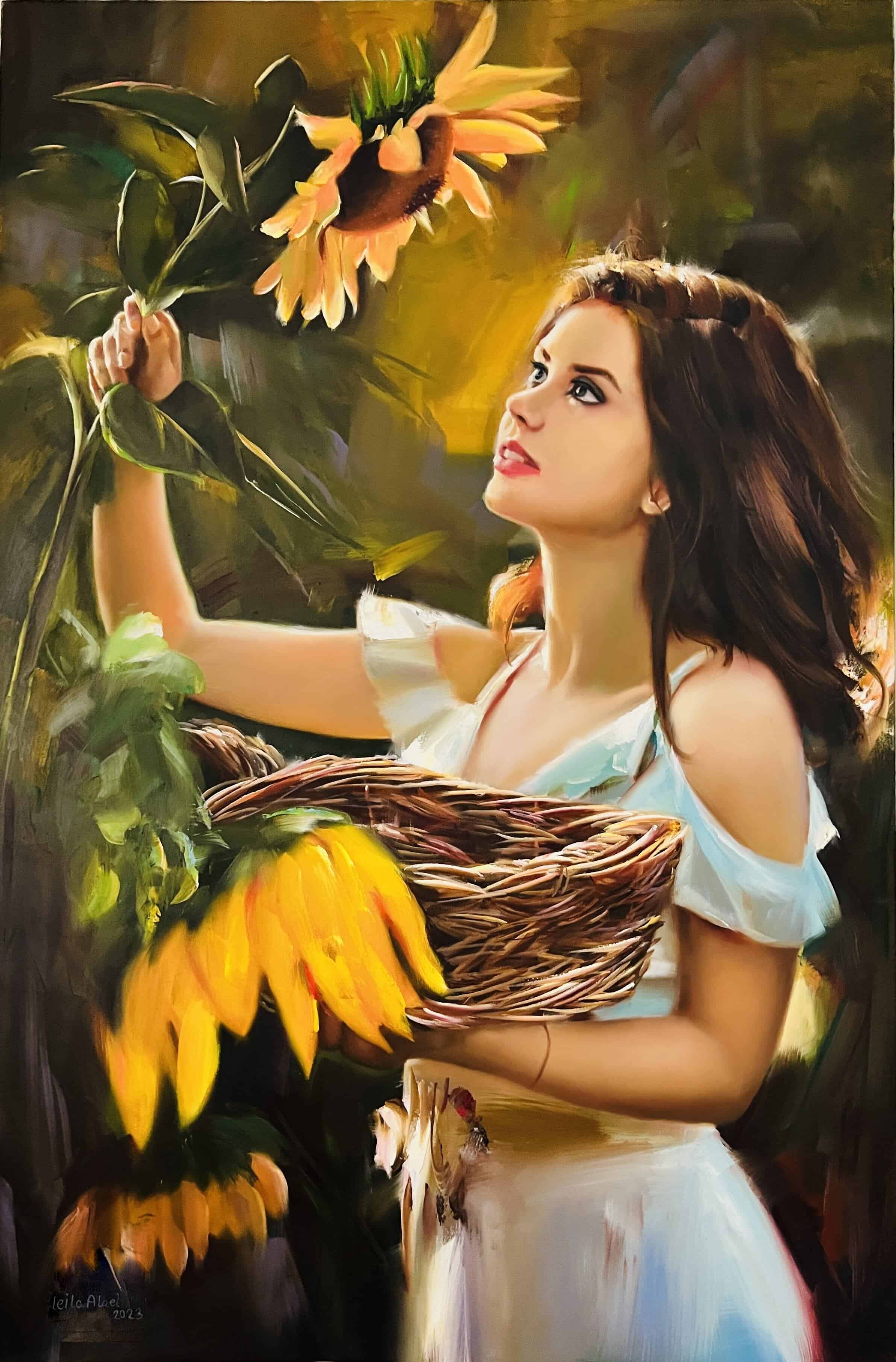 Contemporary Art. Title: I Love Sunflowers, Oil on Canvas, 48 x 32 in by Canadian Artist Leila Alaei.