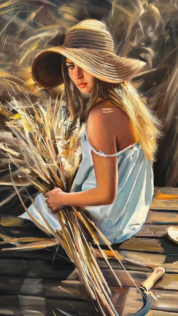 Contemporary Art. Title: Picking Wheat, Oil on Canvas, 47 x 32 in by Canadian Artist Leila Alaei.