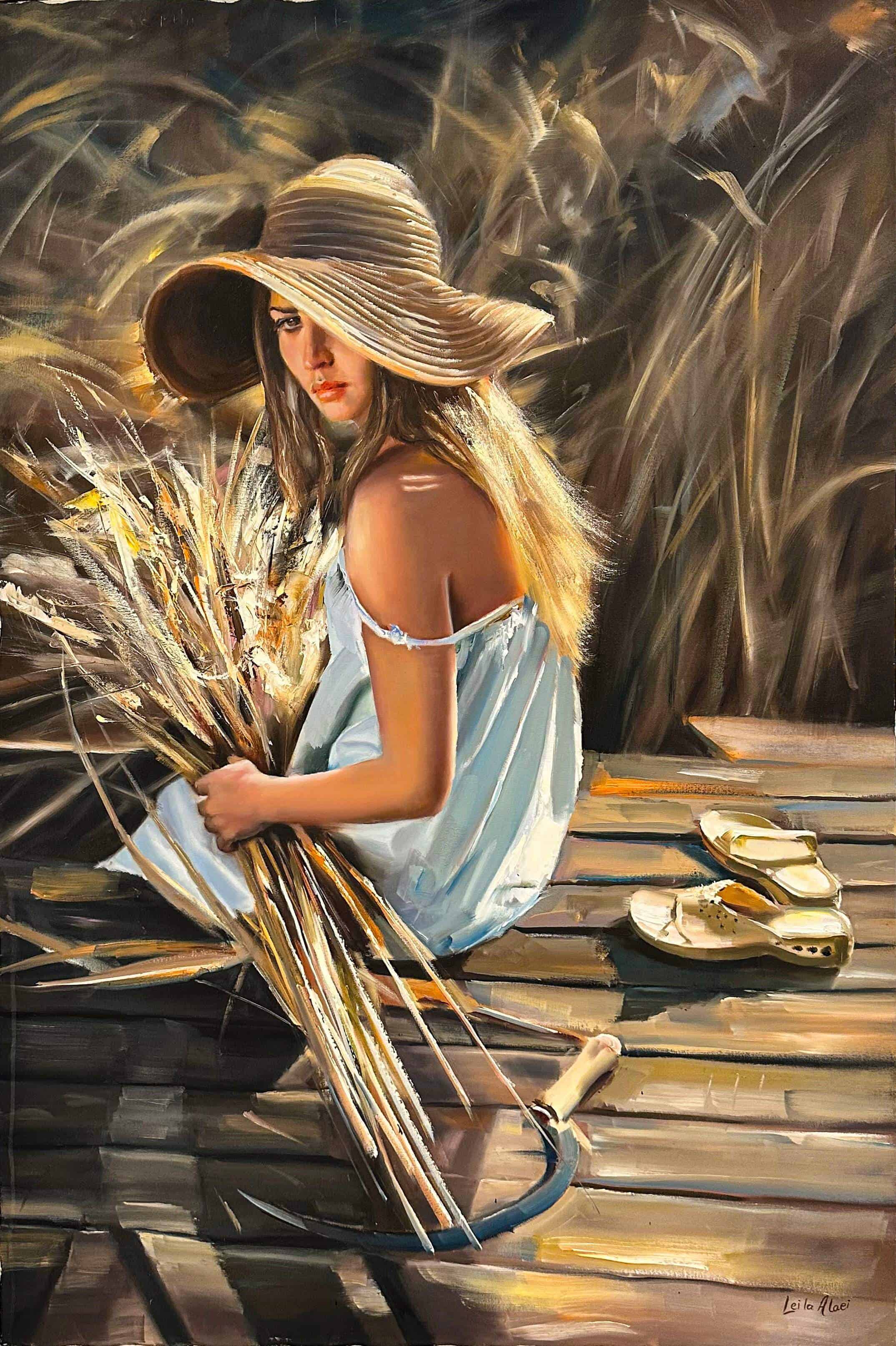 Contemporary Art. Title: Picking Wheat, Oil on Canvas, 47 x 32 in by Canadian Artist Leila Alaei.