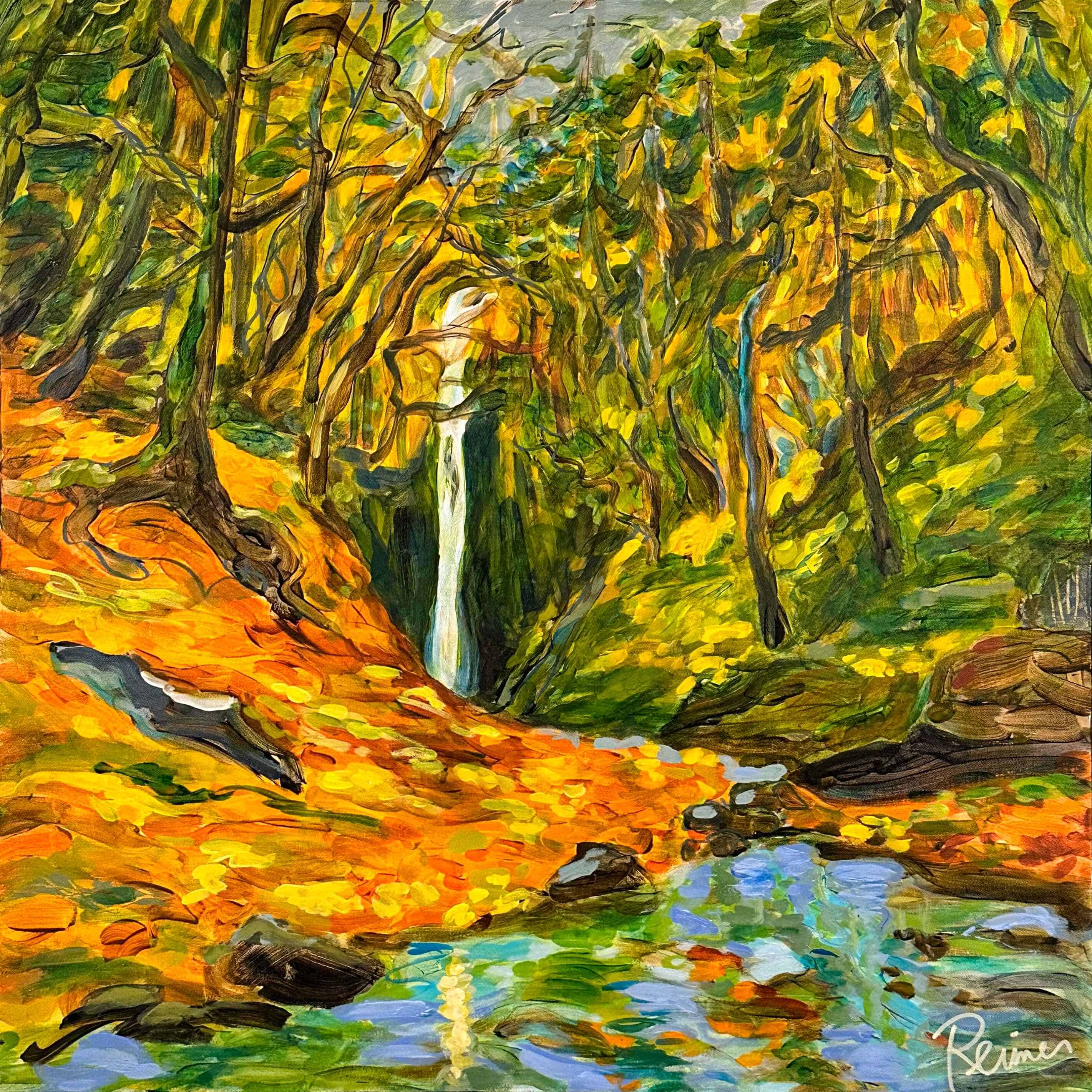 Abstract Art. Title: Goldstream in the Fall, Acrylic on Canvas, 30 x 30 in by Contemporary Canadian Artist Christine Reimer.