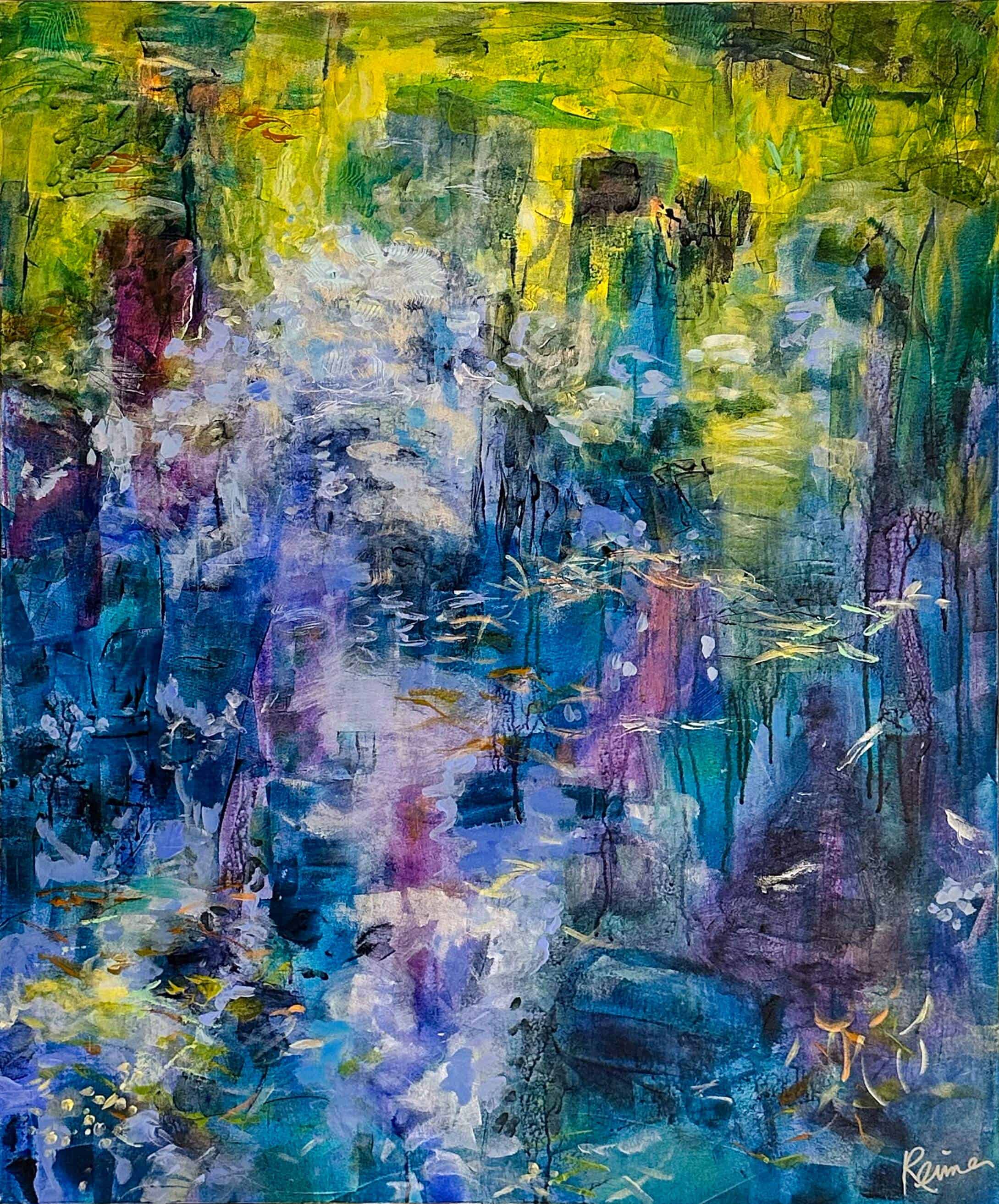 Abstract Art. Title: Marsh Reflections, Acrylic on Canvas, 36 x 30 in by Contemporary Canadian Artist Christine Reimer.