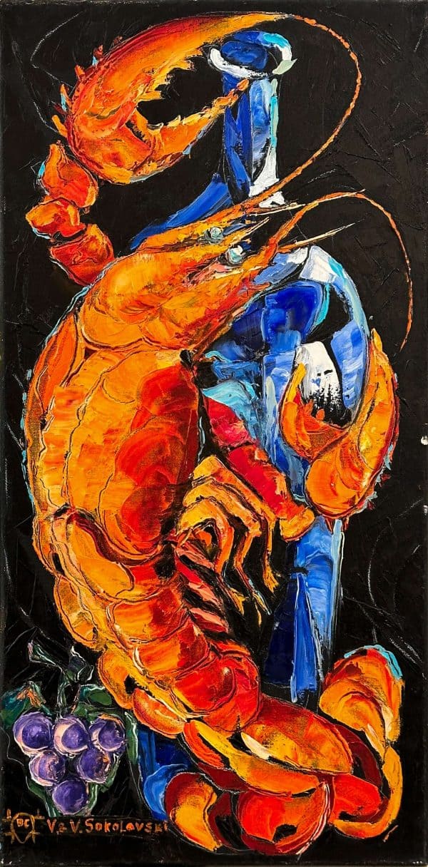 Contemporary Art. Title: Naturmort with Lobster, Oil on Canvas, 24 x 48 in by Contemporary Canadian artist Valeri Sokolovski.