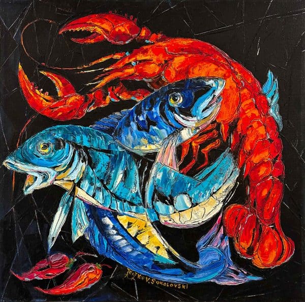 Contemporary Art. Title: Naturmort with Lobster, Oil on Canvas, 24 x 48 in by Contemporary Canadian artist Valeri Sokolovski.