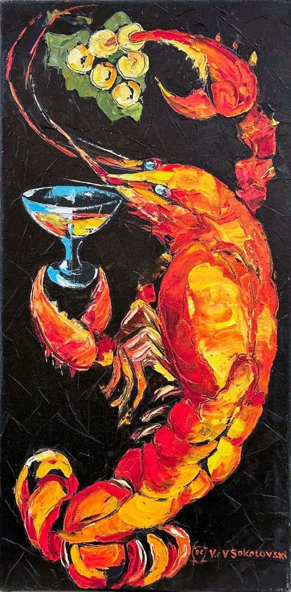 Contemporary Art. Title: Naturmort with Lobster, Oil on Canvas, 24 x 48 in by Contemporary Canadian artist Valeri Sokolovski.