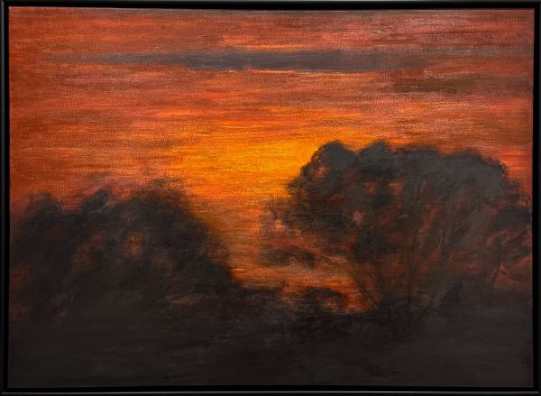 Contemporary art. Title: Slated Silhouettes Red Sky, Oil on Canvas, 43.5 x 60 in by Canadian artist Paul Chizik.