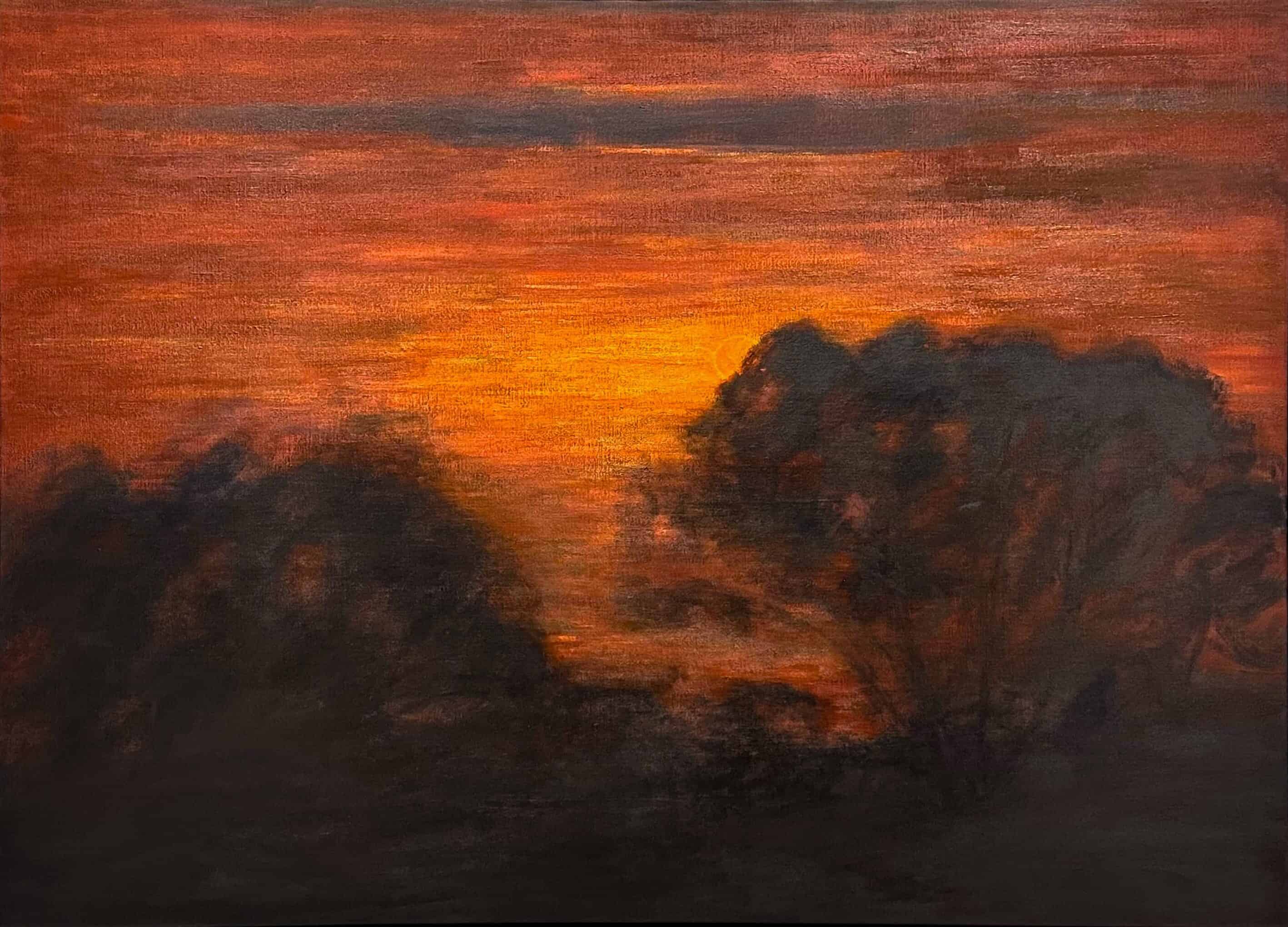 Contemporary art. Title: Slated Silhouettes Red Sky, Oil on Canvas, 43.5 x 60 in by Canadian artist Paul Chizik.
