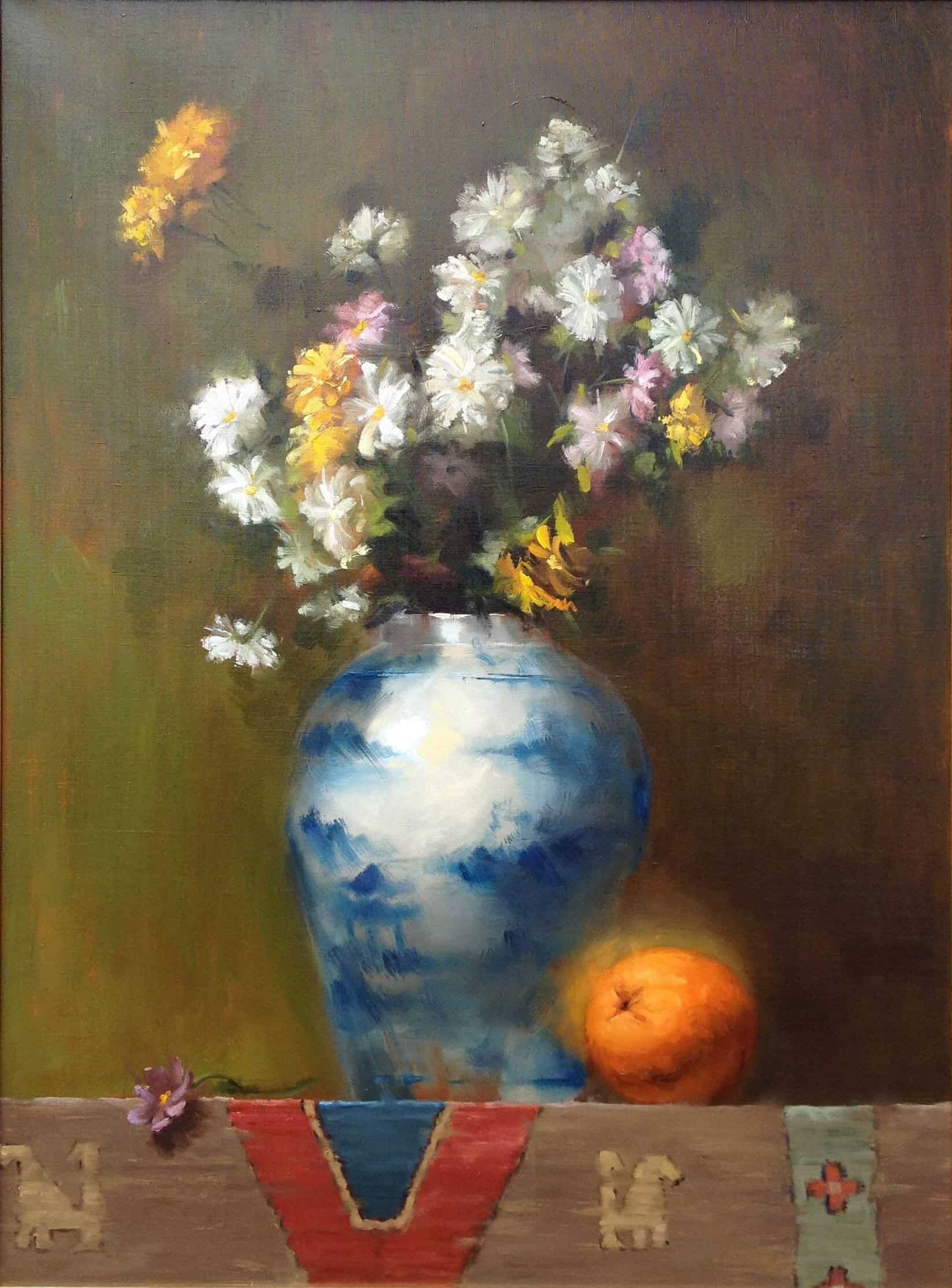 Contemporary Art. Title: Flowers and orange, 24 x 18 in by Canadian artist Masoud Habibyan.