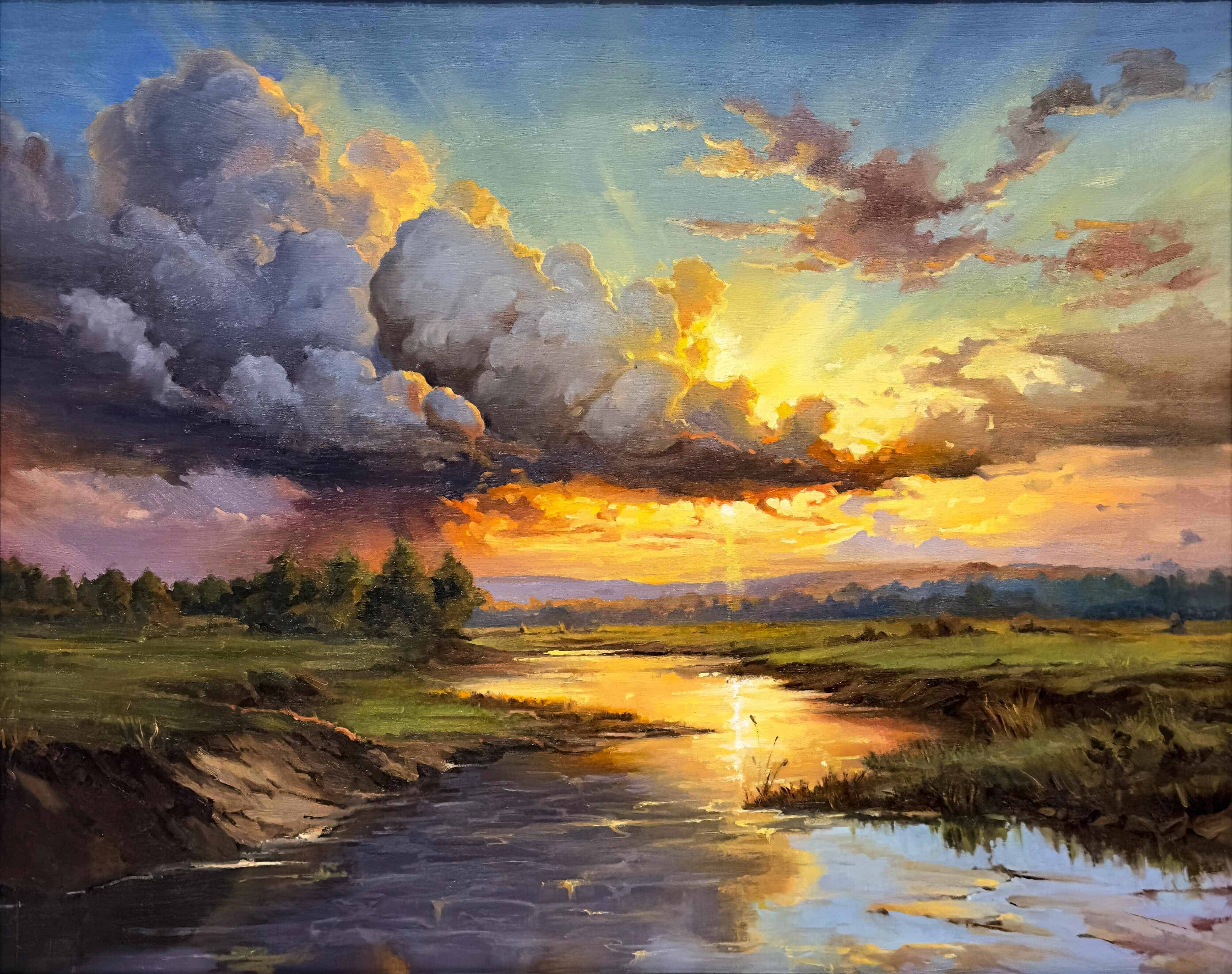 Contemporary Art. Title: Fraser Sunset, Oil on Canvas, 22 x 30 in by Canadian artist Masoud Habibyan.