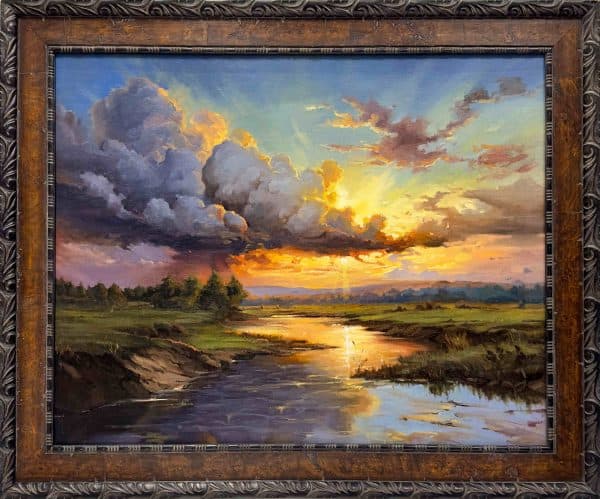 Contemporary Art. Title: Fraser Sunset, Oil on Canvas, 22 x 30 in by Canadian artist Masoud Habibyan.