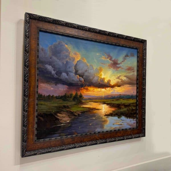 Contemporary Art. Title: Fraser Sunset, Oil on Canvas, 22 x 30 in by Canadian artist Masoud Habibyan.