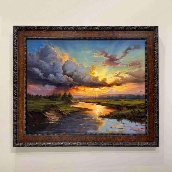 Contemporary Art. Title: Fraser Sunset, Oil on Canvas, 22 x 30 in by Canadian artist Masoud Habibyan.