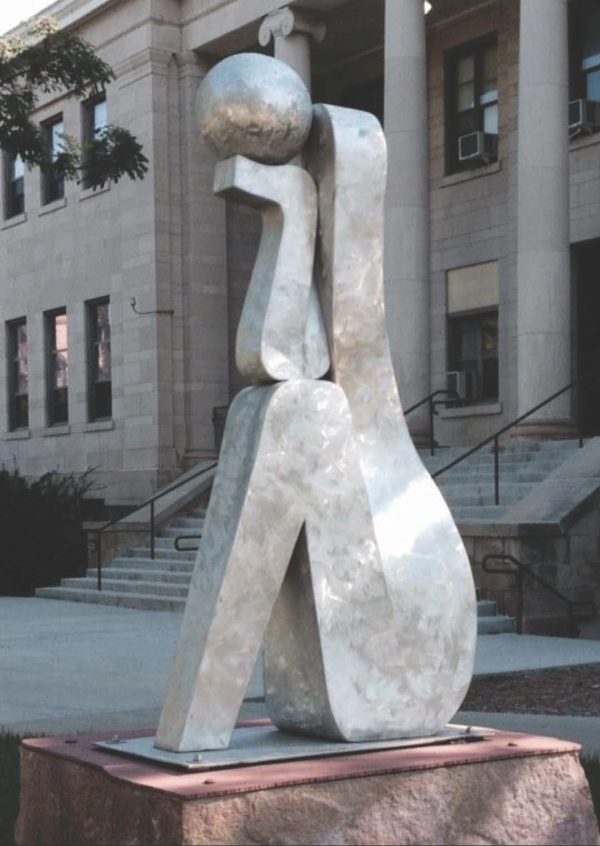 Public Sculpture. Title: Thinker, Outdoor Sculpture, Aluminum, 48x12x24 in by Canadian sculptor Serge Mozhnevsky.