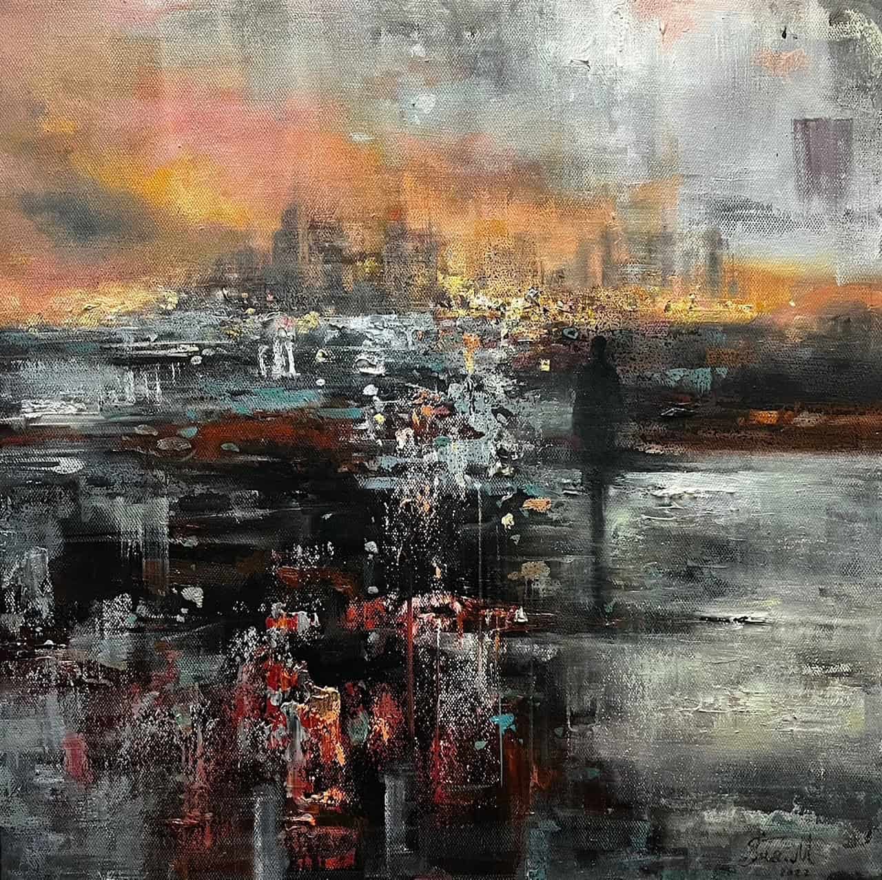 Contemporary Art. Title: City in the Distance, Oil on Canvas, 19.5 x 19.5 in by Canadian artist Bita Mohabbati.