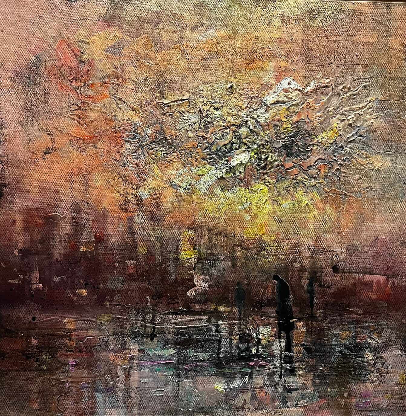 Contemporary Art. Title: City of Shadows, Oil on Canvas, 19.5 x 19.5 in by Canadian artist Bita Mohabbati.