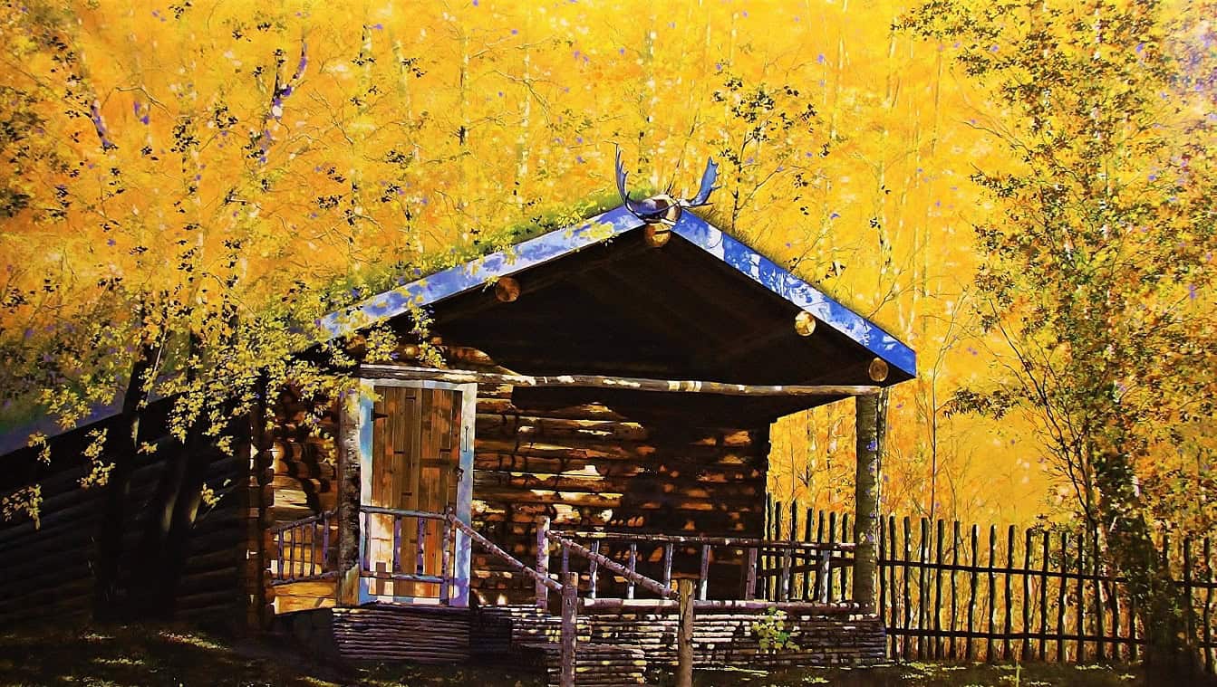 Contemporary Art. Title: Bob's cabin, Oil on Canvas, 34x58 in by Canadian artist Ion Rosca.