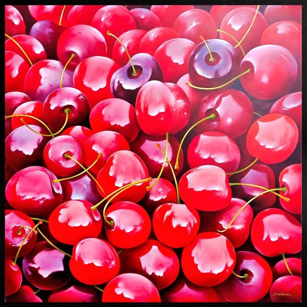 Contemporary Art. Title: Cherries, Oil on Canvas, 47 x 47 in by Austrian artist Heinz Schölnhammer.