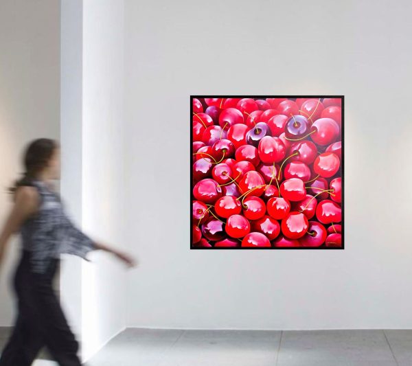 Contemporary Art. Title: Cherries, Oil on Canvas, 47 x 47 in by Austrian artist Heinz Schölnhammer.