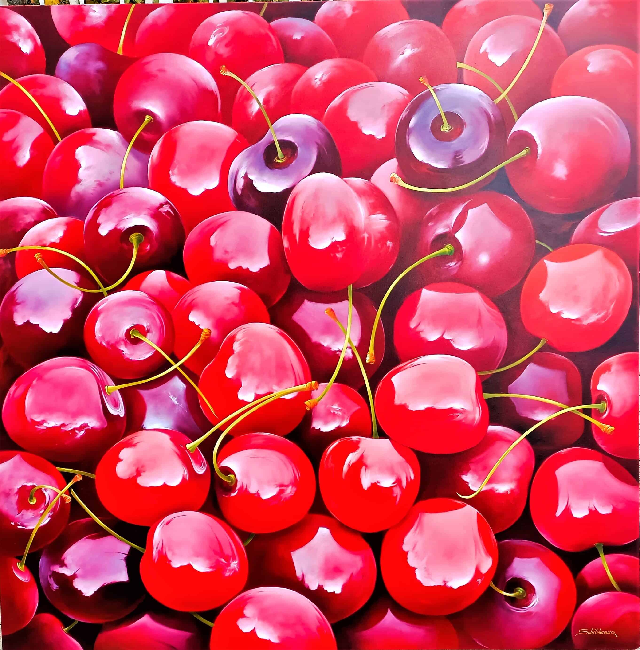 Contemporary Art. Title: Cherries, Oil on Canvas, 47 x 47 in by Austrian artist Heinz Schölnhammer.