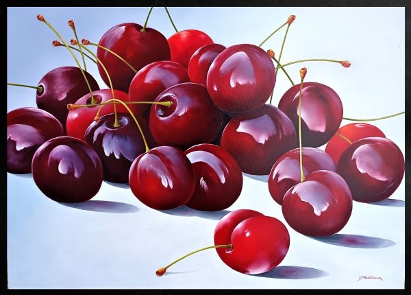 Contemporary Art. Title: Cherries Ⅱ, Oil on Canvas, 27.5 x 39 in by Austrian artist Heinz Schölnhammer.