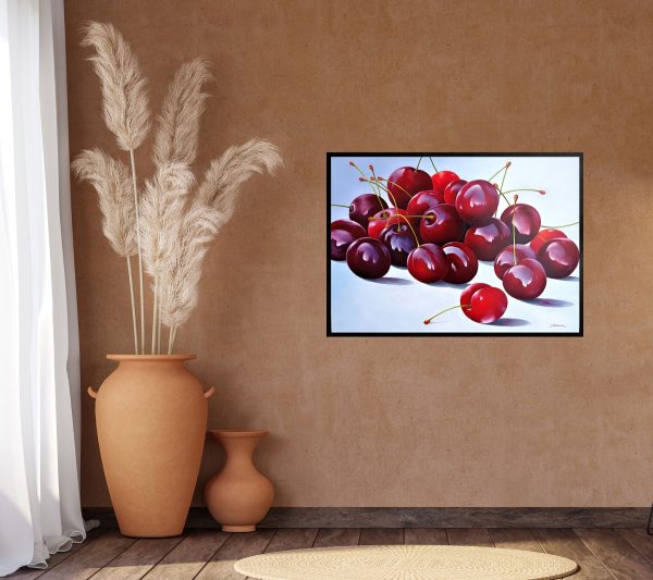 Contemporary Art. Title: Cherries Ⅱ, Oil on Canvas, 27.5 x 39 in by Austrian artist Heinz Schölnhammer.