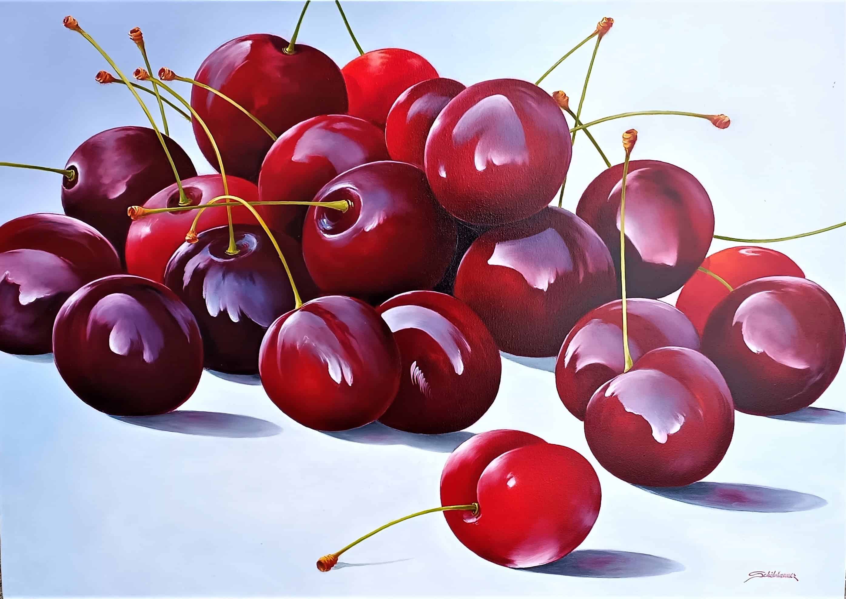 Contemporary Art. Title: Cherries Ⅱ, Oil on Canvas, 27.5 x 39 in by Austrian artist Heinz Schölnhammer.