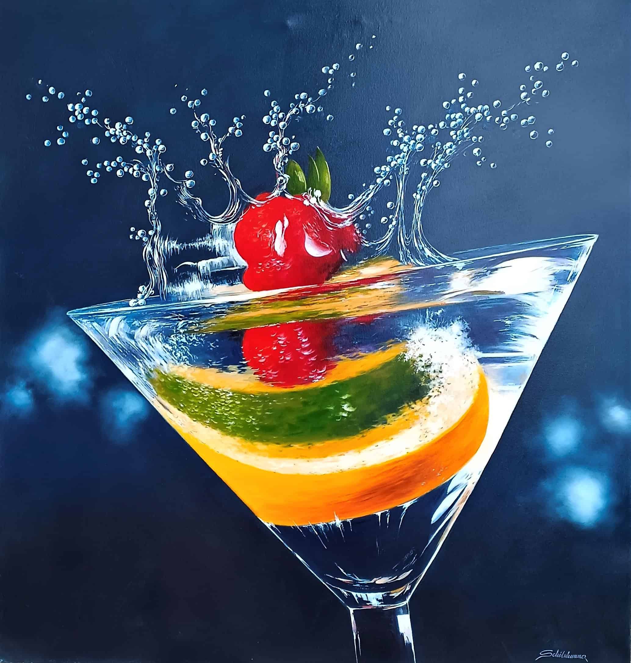 Contemporary Art. Title: Cocktail Glass, Oil on Canvas, 35.5 x 37 in by Austrian artist Heinz Schölnhammer.