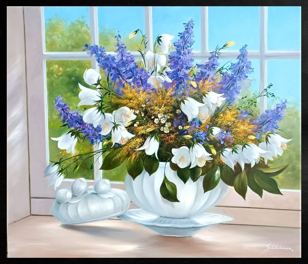 Contemporary Art. Title: Delphinium, Oil on Canvas, 24 x 27.5 in by Austrian artist Heinz Schölnhammer.