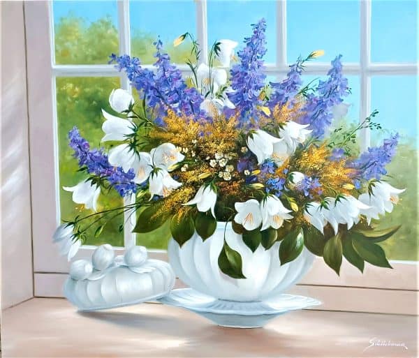 Contemporary Art. Title: Delphinium, Oil on Canvas, 24 x 27.5 in by Austrian artist Heinz Schölnhammer.