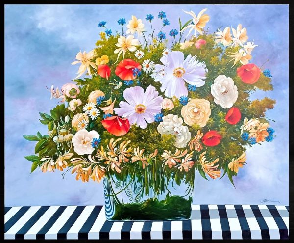 Contemporary Art. Title: Flowers, Oil on Canvas, 43 x 51 in by Austrian artist Heinz Schölnhammer.