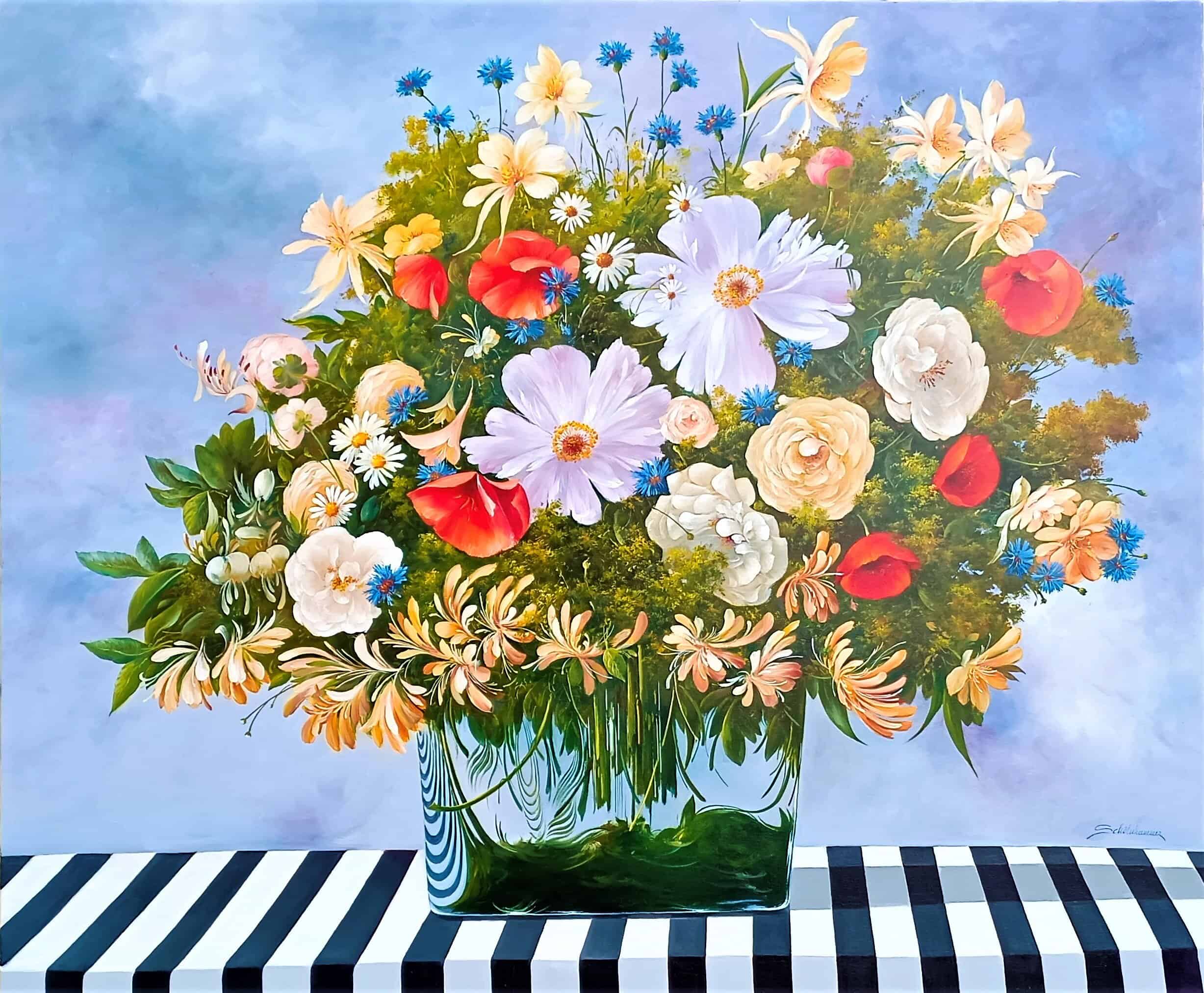 Contemporary Art. Title: Flowers, Oil on Canvas, 43 x 51 in by Austrian artist Heinz Schölnhammer.