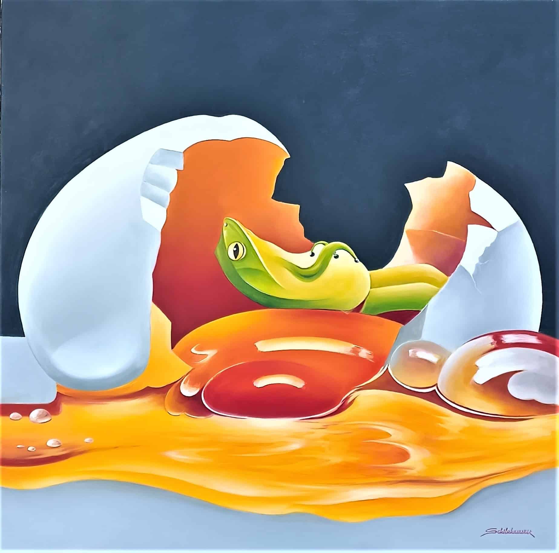 Contemporary Art. Title: Frog Egg, Oil on Canvas, 31.5 x 31.5 in by Austrian artist Heinz Schölnhammer.