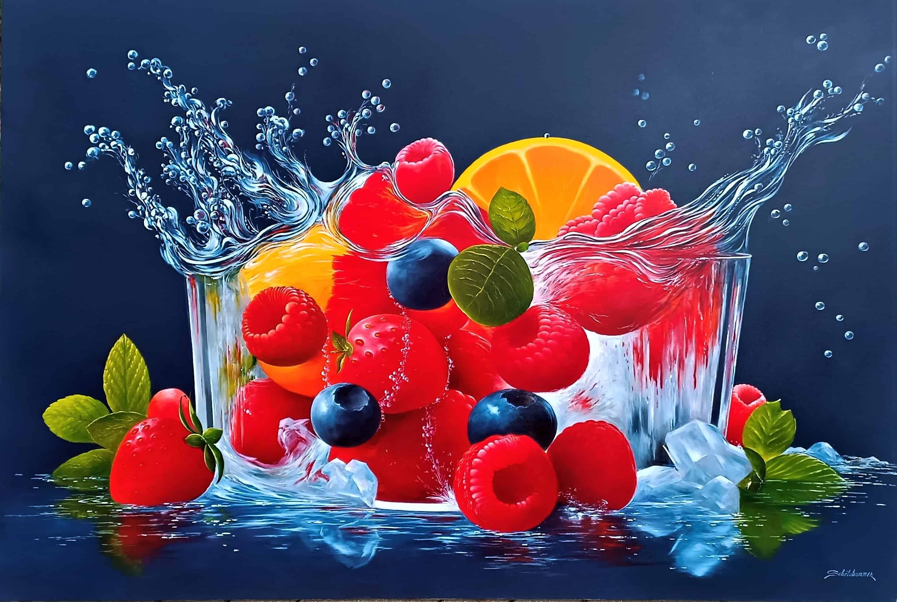 Contemporary Art. Title: Fruit, Oil on Canvas, 39 x 57 in by Austrian artist Heinz Schölnhammer.