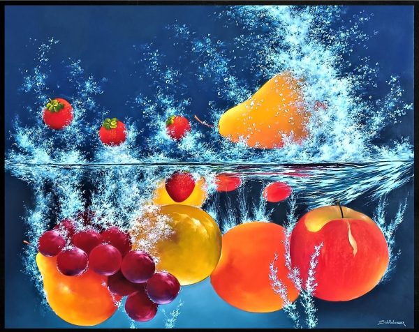 Contemporary Art. Title: Fruit Splash, Oil on Canvas, 39 x 47 in by Austrian artist Heinz Schölnhammer.