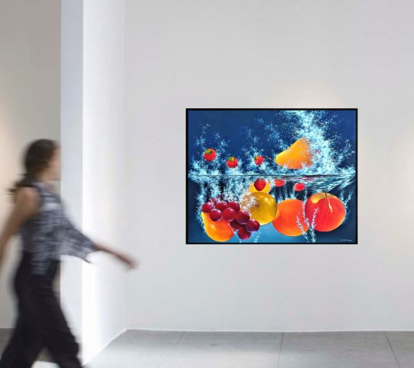 Contemporary Art. Title: Fruit Splash, Oil on Canvas, 39 x 47 in by Austrian artist Heinz Schölnhammer.