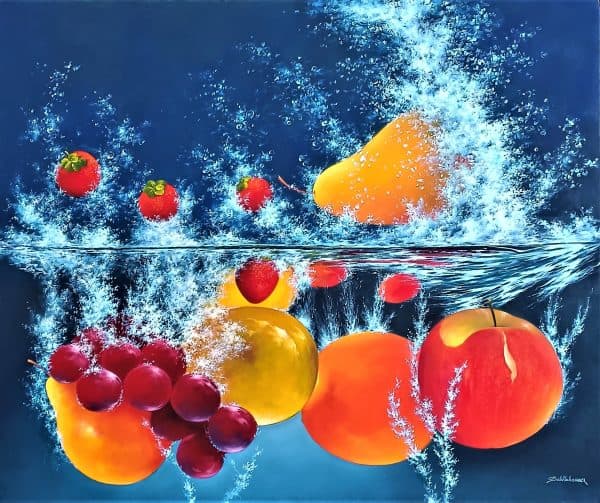 Contemporary Art. Title: Fruit Splash, Oil on Canvas, 39 x 47 in by Austrian artist Heinz Schölnhammer.