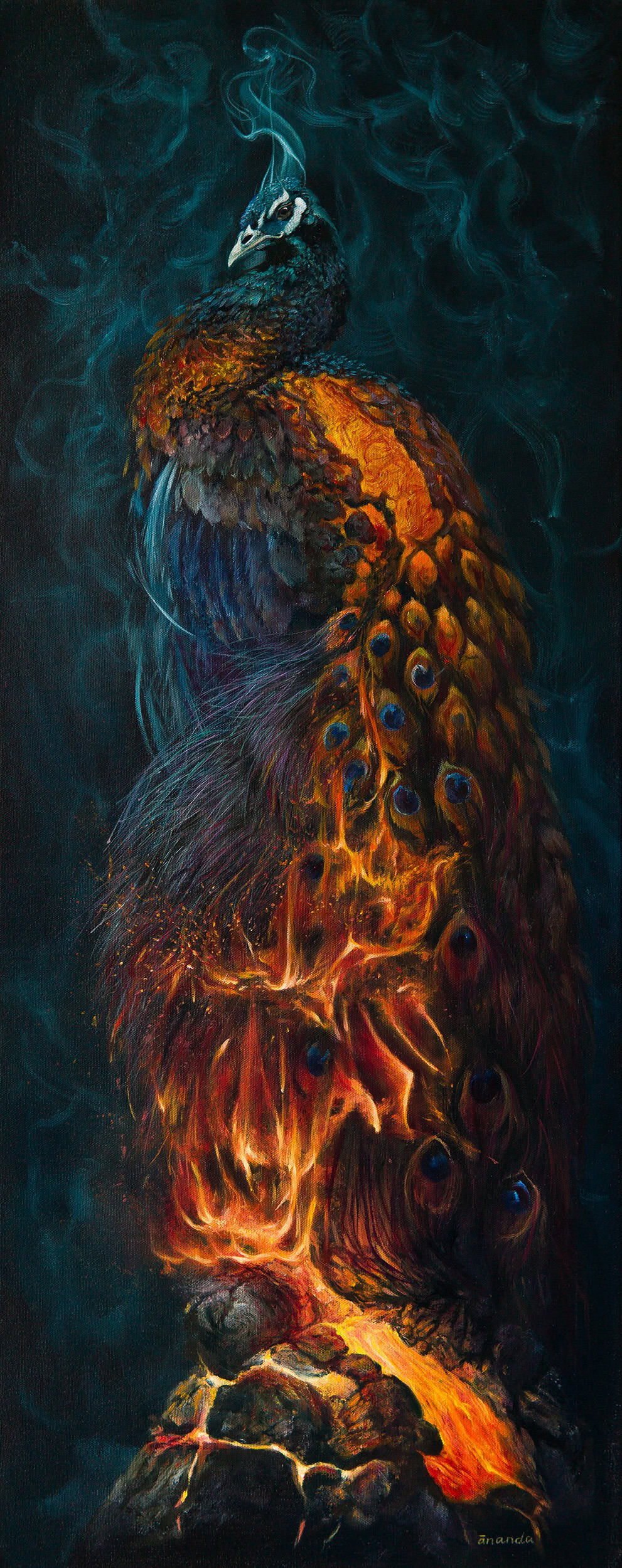 Title: Phoenix by Anna Petrova – 40x16 inch oil painting of a majestic peacock transforming into flames and smoke, merging natural beauty with mythic rebirth.