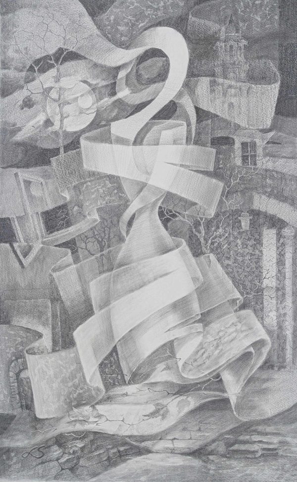 Abstract Art. Title: Wind in the Old Town, Pencil on Paper, 34 x 21 in by Contemporary Canadian Artist Serge Mozhnevsky.